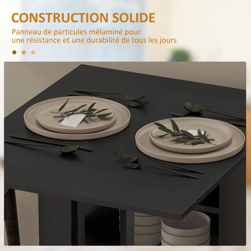 Table de cuisine pliable polyvalente 120 x 60 x 75 cm gain de place 3 étagères moderne en panneau de particules noir 21_0003237
