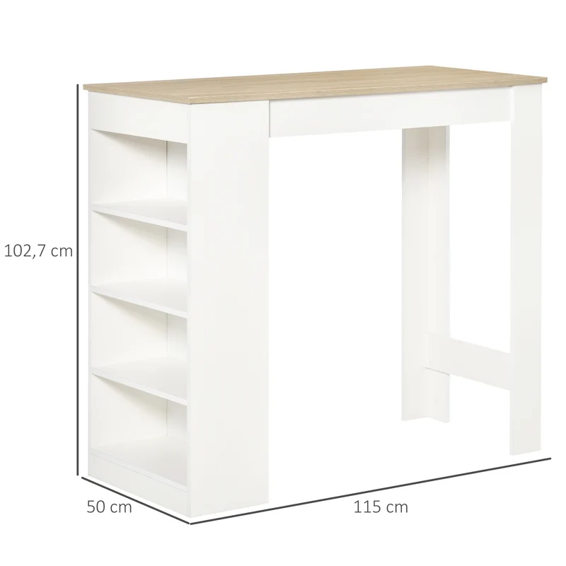 Table de bar mange debout 115 x 50 x 103 cm 4 étagères rangement coin boisson moderne en panneau de particules blanc 21_0002242