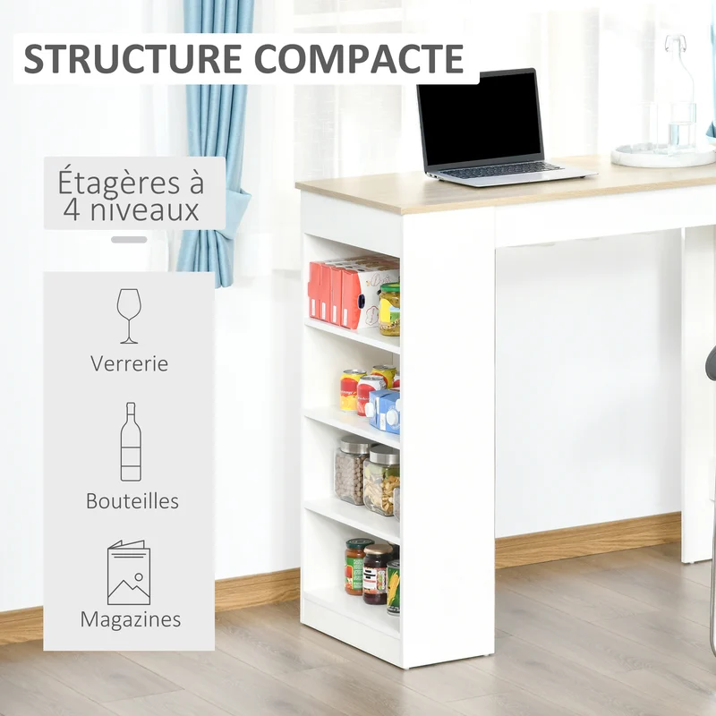 Table de bar mange debout 115 x 50 x 103 cm 4 étagères rangement coin boisson moderne en panneau de particules blanc 21_0002242