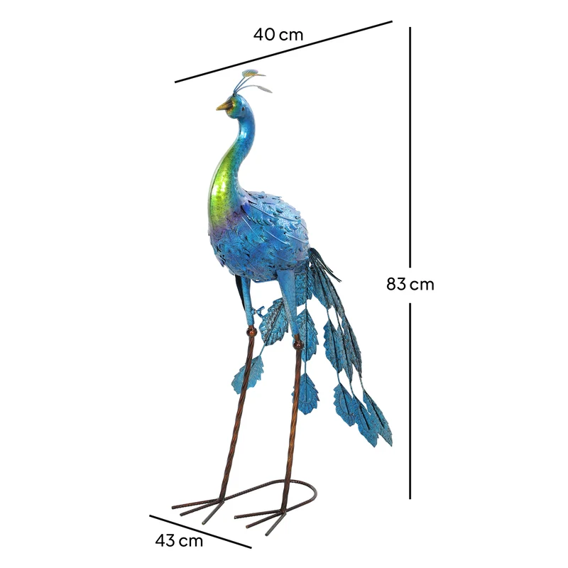 Statue de paon jardin 40 x 43 x 83 cm résistante intempéries piquets de fixation décoratif contemporain en métal bleu 21_0005682