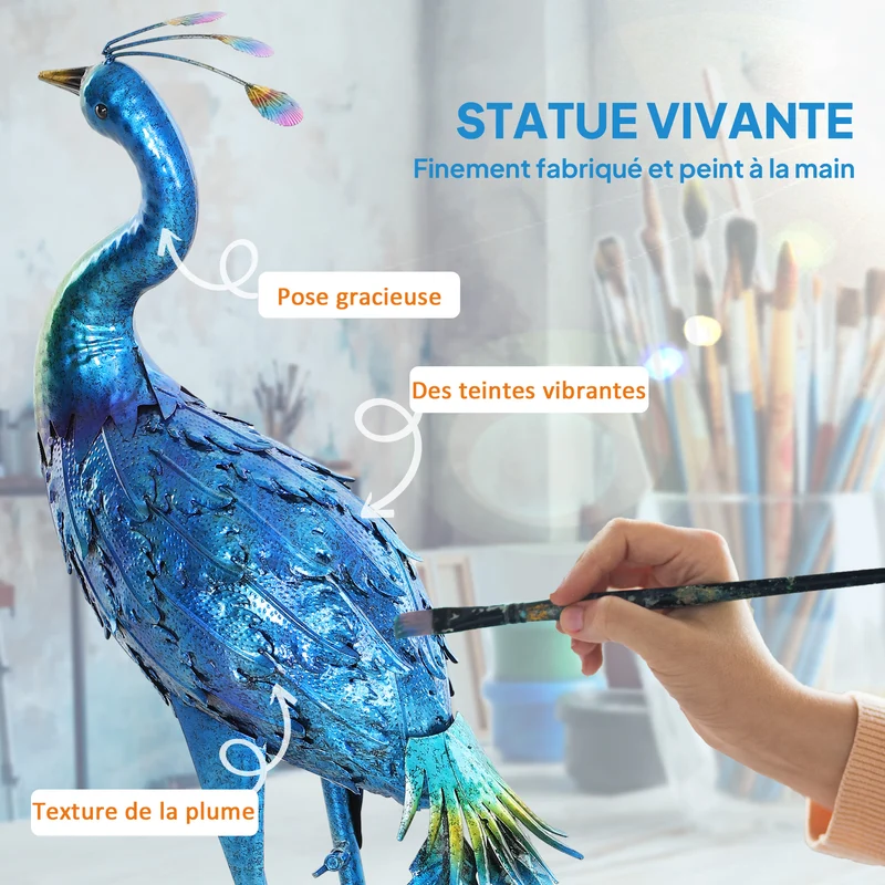 Statue de paon jardin 40 x 43 x 83 cm résistante intempéries piquets de fixation décoratif contemporain en métal bleu 21_0005682