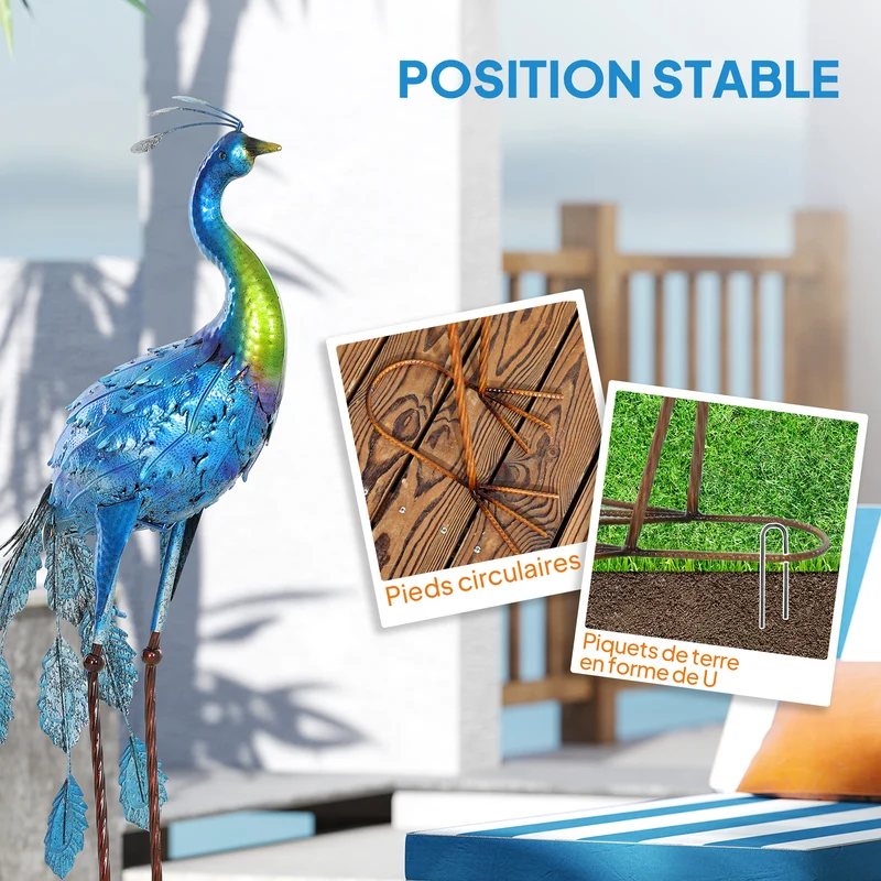 Statue de paon jardin 40 x 43 x 83 cm résistante intempéries piquets de fixation décoratif contemporain en métal bleu 21_0005682