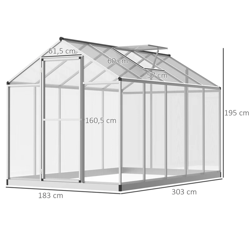Serre de jardin 303 x 183 x 195 cm ventilation réglable protection uv contemporain avec porte battante en aluminium gris 21_0004122