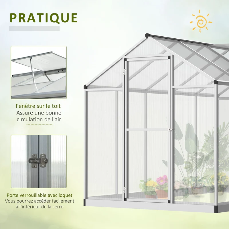 Serre de jardin 303 x 183 x 195 cm ventilation réglable protection uv contemporain avec porte battante en aluminium gris 21_0004122