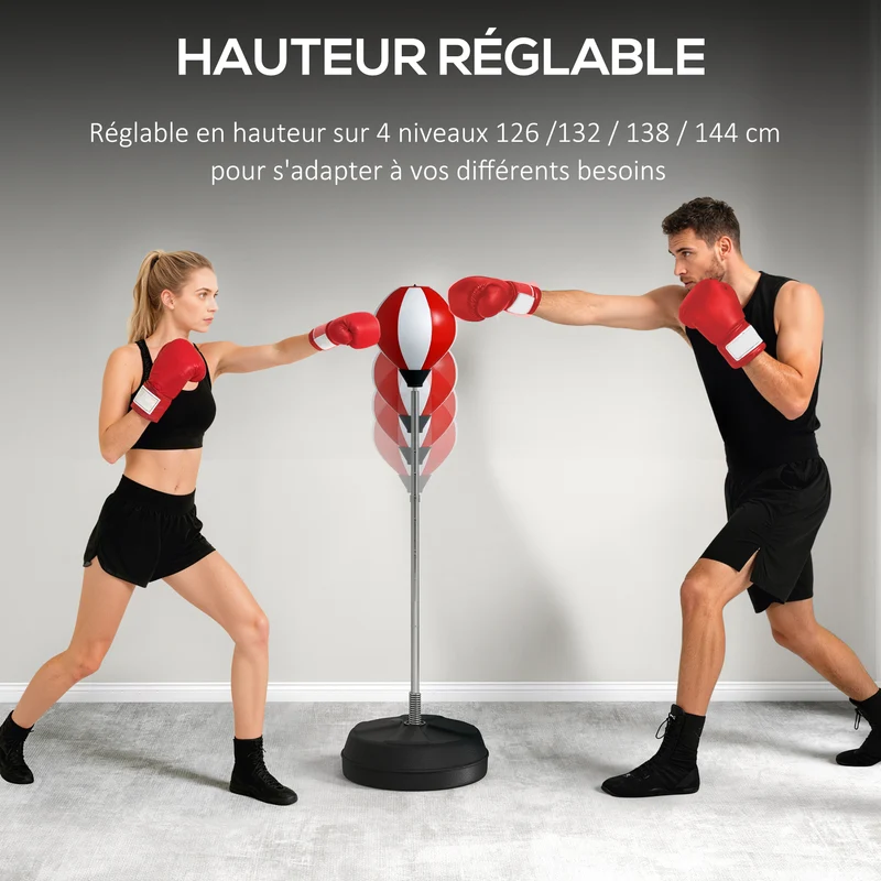 Sac de frappe sur pied 43 x 43 x 126-144 cm réglable hauteur base lestable avec gants pro moderne en synthétique rouge 21_0006762