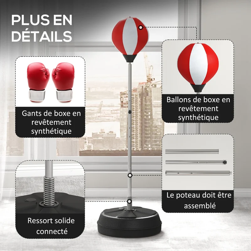 Sac de frappe sur pied 43 x 43 x 126-144 cm réglable hauteur base lestable avec gants pro moderne en synthétique rouge 21_0006762