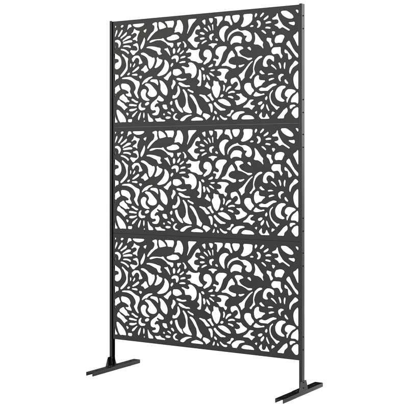 Paravent extérieur décoratif treillis 122 x 45 x 198 cm intimité treillis plantes design découpé en acier galvanisé noir 21_0005698