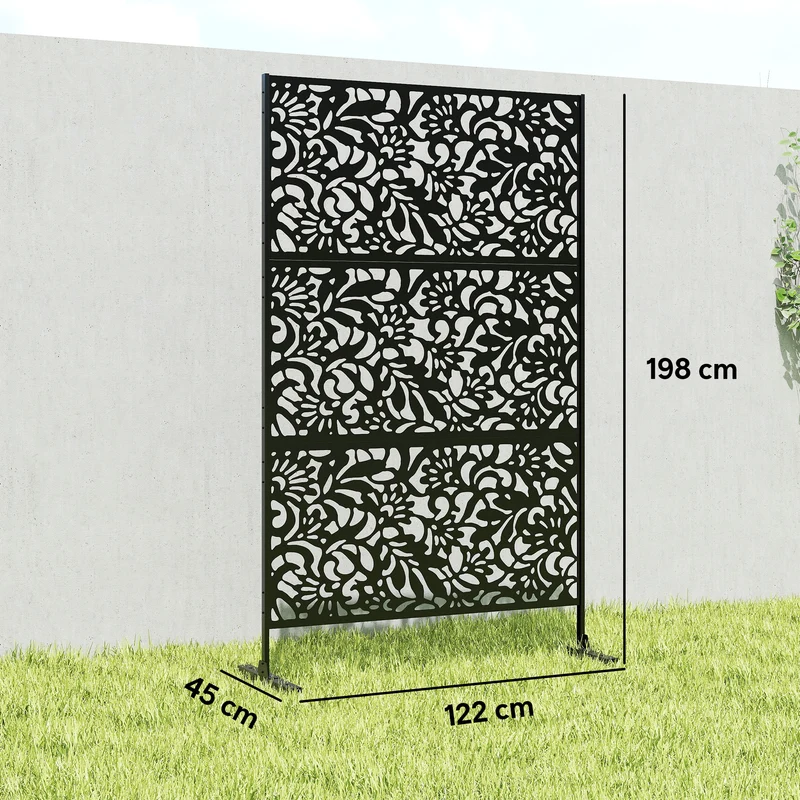 Paravent extérieur décoratif treillis 122 x 45 x 198 cm intimité treillis plantes design découpé en acier galvanisé noir 21_0005698