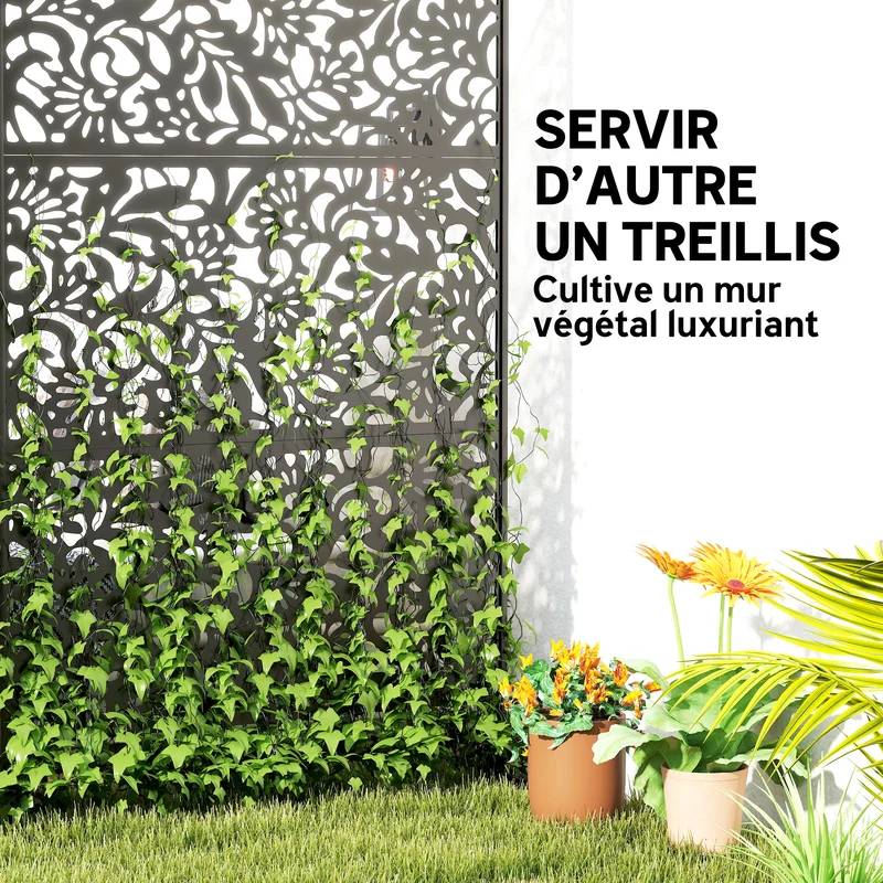 Paravent extérieur décoratif treillis 122 x 45 x 198 cm intimité treillis plantes design découpé en acier galvanisé noir 21_0005698