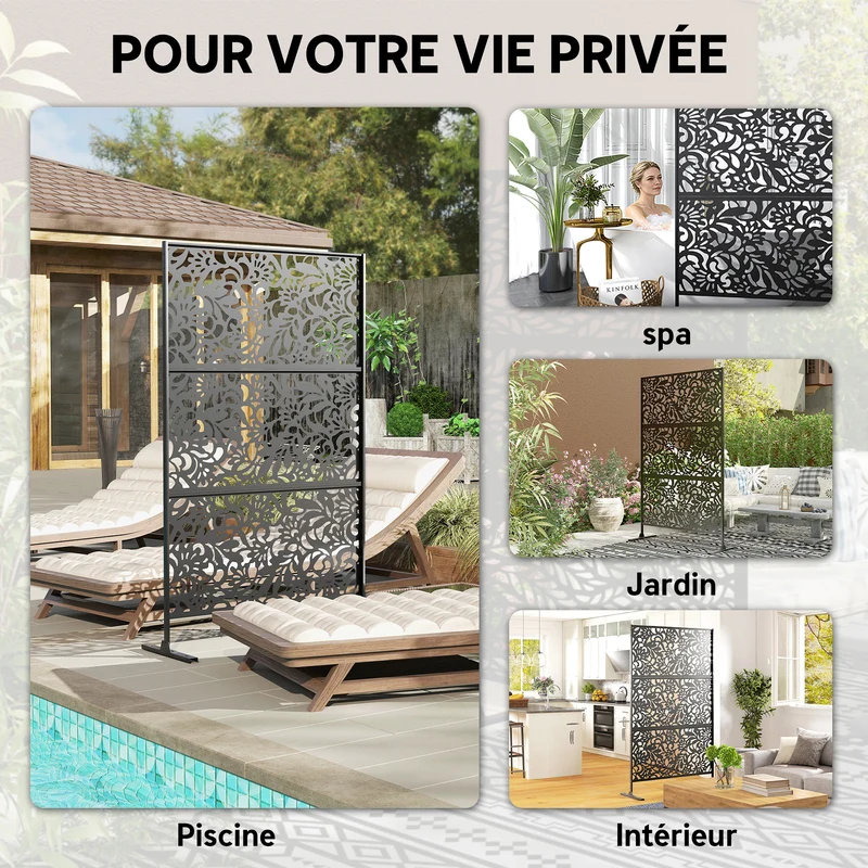Paravent extérieur décoratif treillis 122 x 45 x 198 cm intimité treillis plantes design découpé en acier galvanisé noir 21_0005698