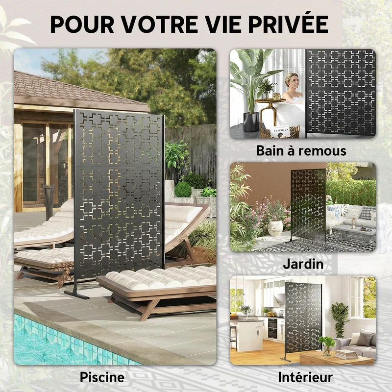 Panneau brise vue décoratif paravent extérieur 122 x 45 x 198 cm décoration séparation moderne intime en acier noir 21_0003980