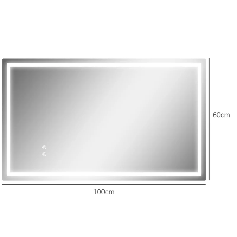 Miroir salle de bain rectangulaire 100 x 60 x 3 cm éclairage à diodes réglable anti-buée moderne en verre transparent 21_0002068