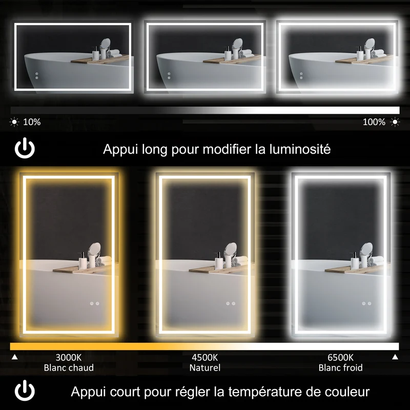 Miroir salle de bain rectangulaire 100 x 60 x 3 cm éclairage à diodes réglable anti-buée moderne en verre transparent 21_0002068