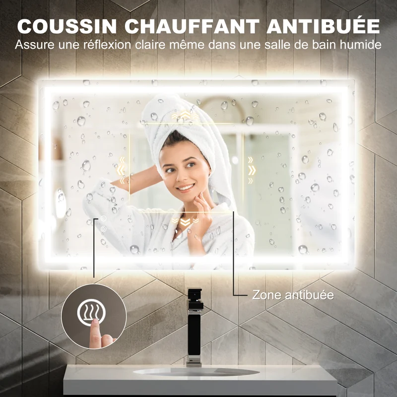 Miroir salle de bain rectangulaire 100 x 60 x 3 cm éclairage à diodes réglable anti-buée moderne en verre transparent 21_0002068