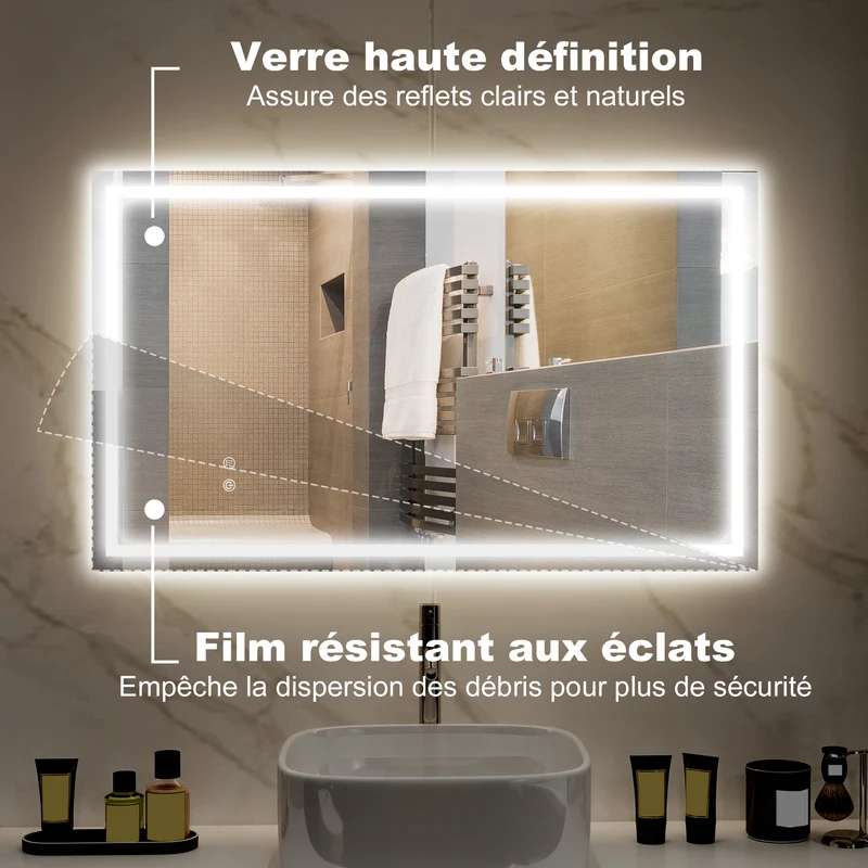 Miroir salle de bain rectangulaire 100 x 60 x 3 cm éclairage à diodes réglable anti-buée moderne en verre transparent 21_0002068