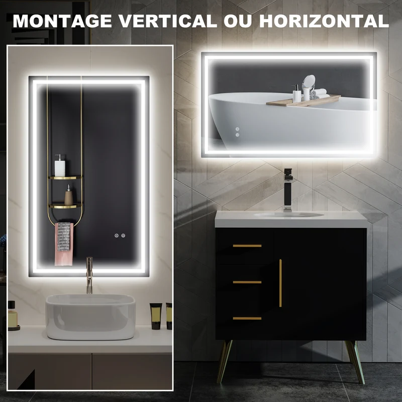 Miroir salle de bain rectangulaire 100 x 60 x 3 cm éclairage à diodes réglable anti-buée moderne en verre transparent 21_0002068