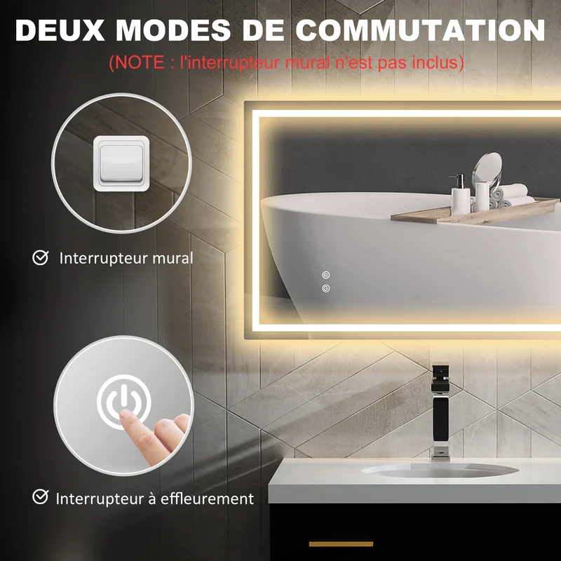 Miroir salle de bain rectangulaire 100 x 60 x 3 cm éclairage à diodes réglable anti-buée moderne en verre transparent 21_0002068