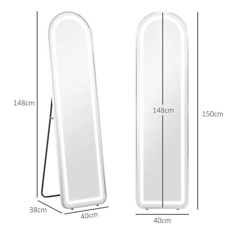 Miroir pleine longueur 150 x 40 x 5 cm éclairage led 3 couleurs réglable mémoire style moderne en verre trempé argent 21_0001634
