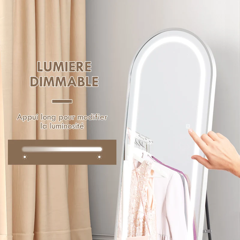 Miroir pleine longueur 150 x 40 x 5 cm éclairage led 3 couleurs réglable mémoire style moderne en verre trempé argent 21_0001634