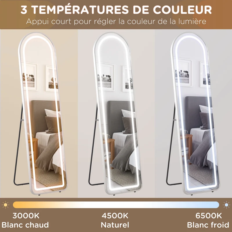 Miroir pleine longueur 150 x 40 x 5 cm éclairage led 3 couleurs réglable mémoire style moderne en verre trempé argent 21_0001634