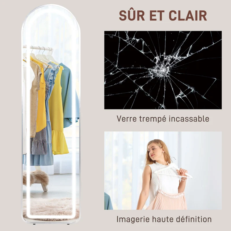 Miroir pleine longueur 150 x 40 x 5 cm éclairage led 3 couleurs réglable mémoire style moderne en verre trempé argent 21_0001634