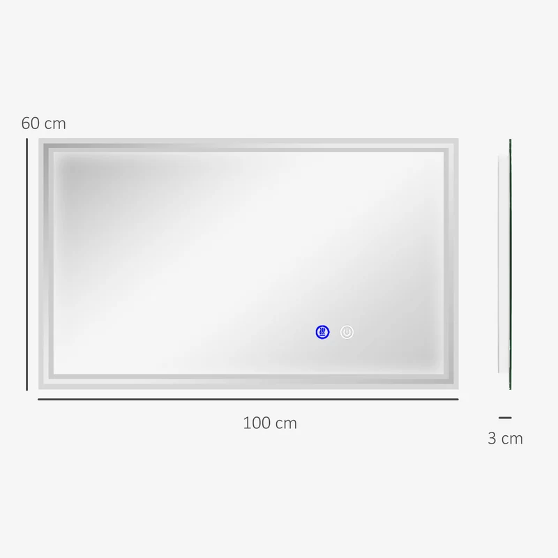 Miroir mural rectangulaire salle de bain 100 x 60 x 4 cm rétroéclairé antibuée moderne minimaliste en verre transparent 21_0002004