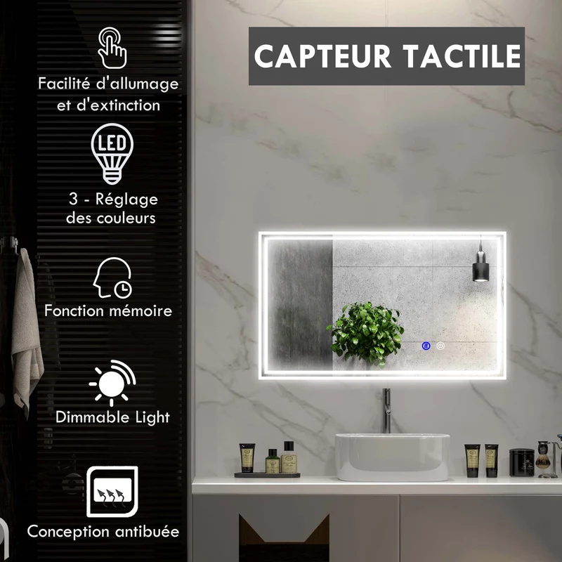 Miroir mural rectangulaire salle de bain 100 x 60 x 4 cm rétroéclairé antibuée moderne minimaliste en verre transparent 21_0002004