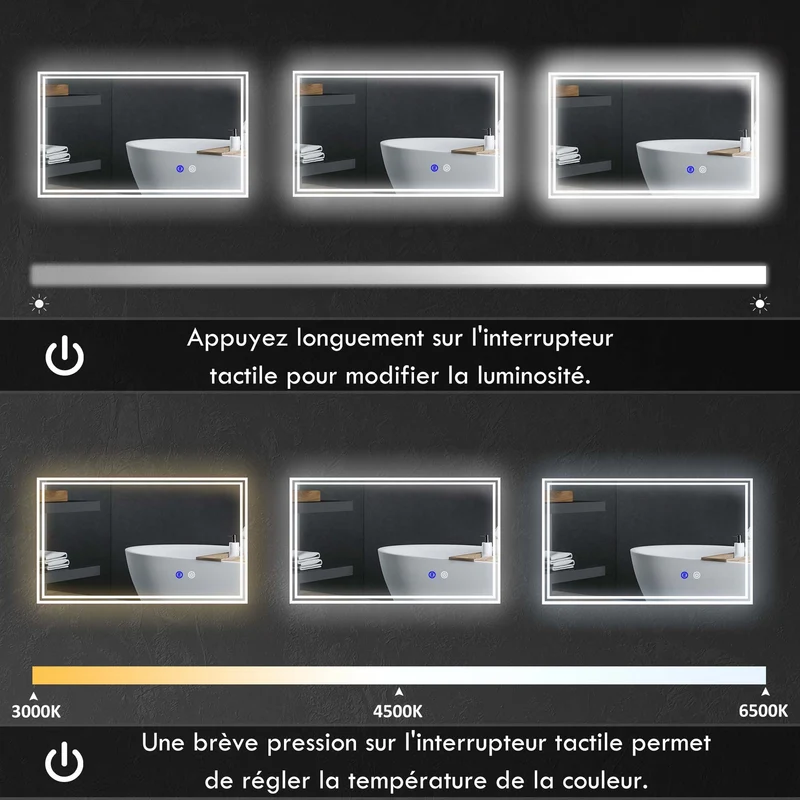 Miroir mural rectangulaire salle de bain 100 x 60 x 4 cm rétroéclairé antibuée moderne minimaliste en verre transparent 21_0002004