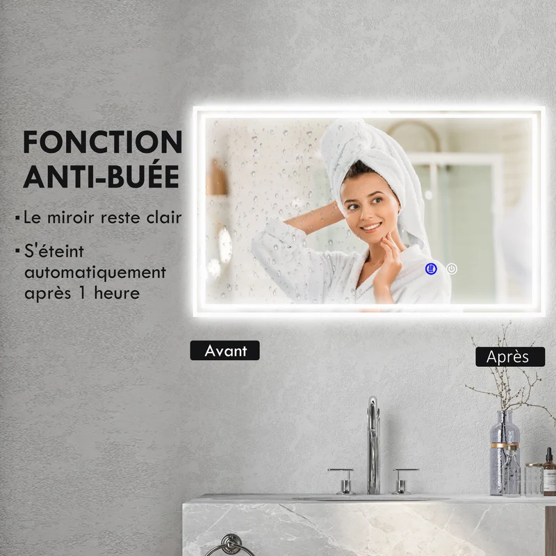 Miroir mural rectangulaire salle de bain 100 x 60 x 4 cm rétroéclairé antibuée moderne minimaliste en verre transparent 21_0002004