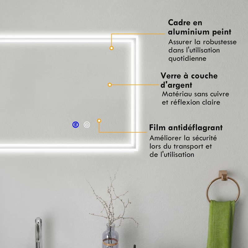 Miroir mural rectangulaire salle de bain 100 x 60 x 4 cm rétroéclairé antibuée moderne minimaliste en verre transparent 21_0002004