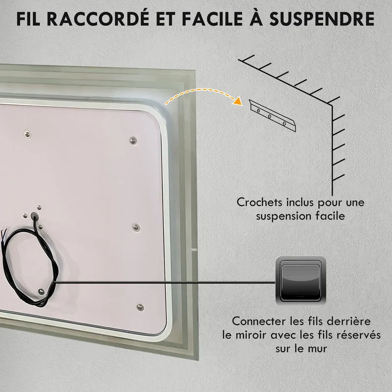 Miroir mural rectangulaire salle de bain 100 x 60 x 4 cm rétroéclairé antibuée moderne minimaliste en verre transparent 21_0002004
