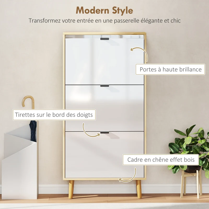 Meuble à chaussures entrée 60 x 24 x 127 cm 3 tiroirs pour 9-18 paires étagères réglables moderne épuré en MDF blanc 21_0002776