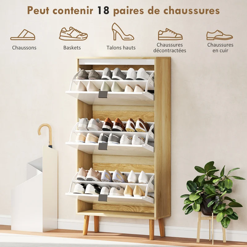 Meuble à chaussures entrée 60 x 24 x 127 cm 3 tiroirs pour 9-18 paires étagères réglables moderne épuré en MDF blanc 21_0002776