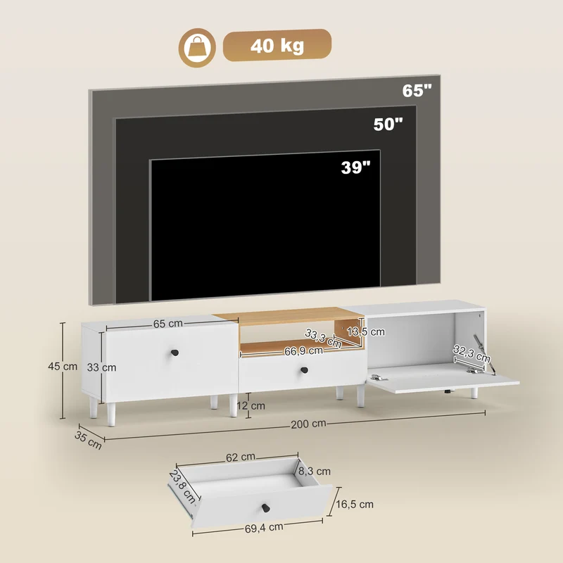 Meuble tv pour salon 200 x 35 x 45 cm rangement 2 portes tiroir fermeture douce moderne en panneau de particules blanc 21_0003606