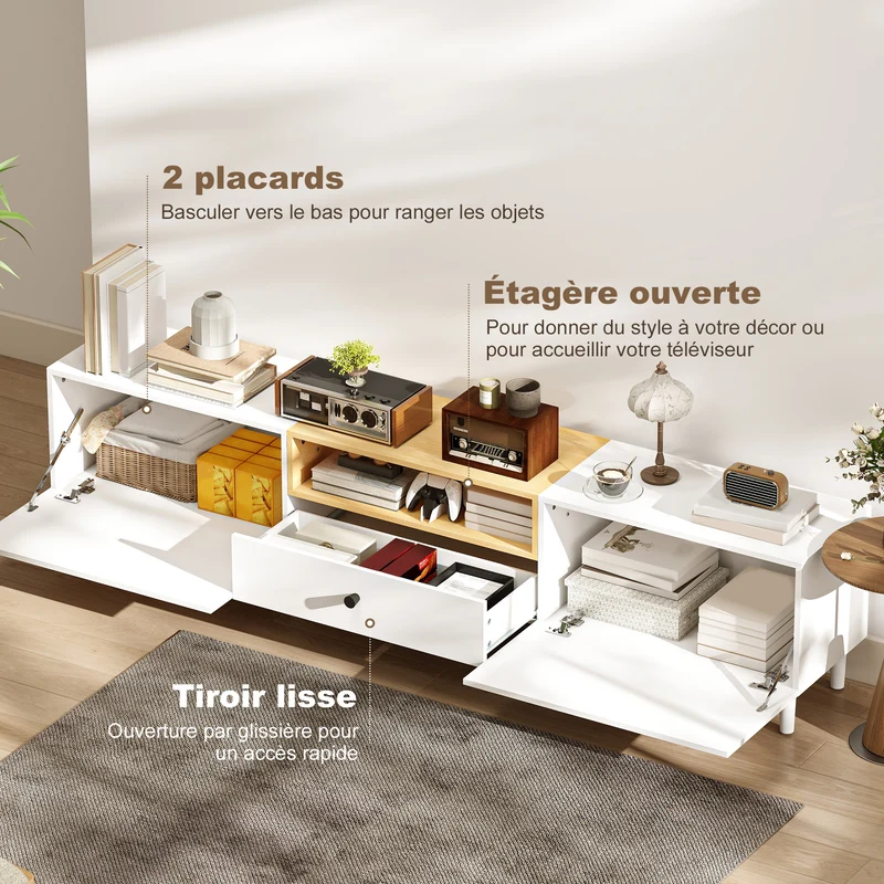 Meuble tv pour salon 200 x 35 x 45 cm rangement 2 portes tiroir fermeture douce moderne en panneau de particules blanc 21_0003606