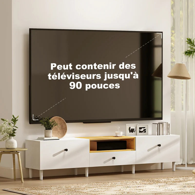 Meuble tv pour salon 200 x 35 x 45 cm rangement 2 portes tiroir fermeture douce moderne en panneau de particules blanc 21_0003606