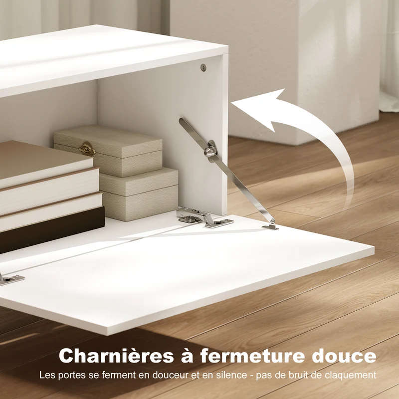 Meuble tv pour salon 200 x 35 x 45 cm rangement 2 portes tiroir fermeture douce moderne en panneau de particules blanc 21_0003606