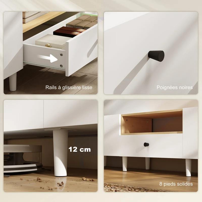 Meuble tv pour salon 200 x 35 x 45 cm rangement 2 portes tiroir fermeture douce moderne en panneau de particules blanc 21_0003606