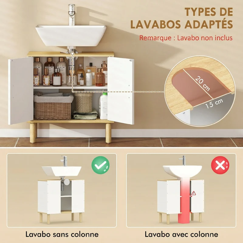 Meuble sous lavabo 60 x 30 x 61 cm étagère réglable rangement malin style moderne épuré en panneau de particules blanc 21_0002143