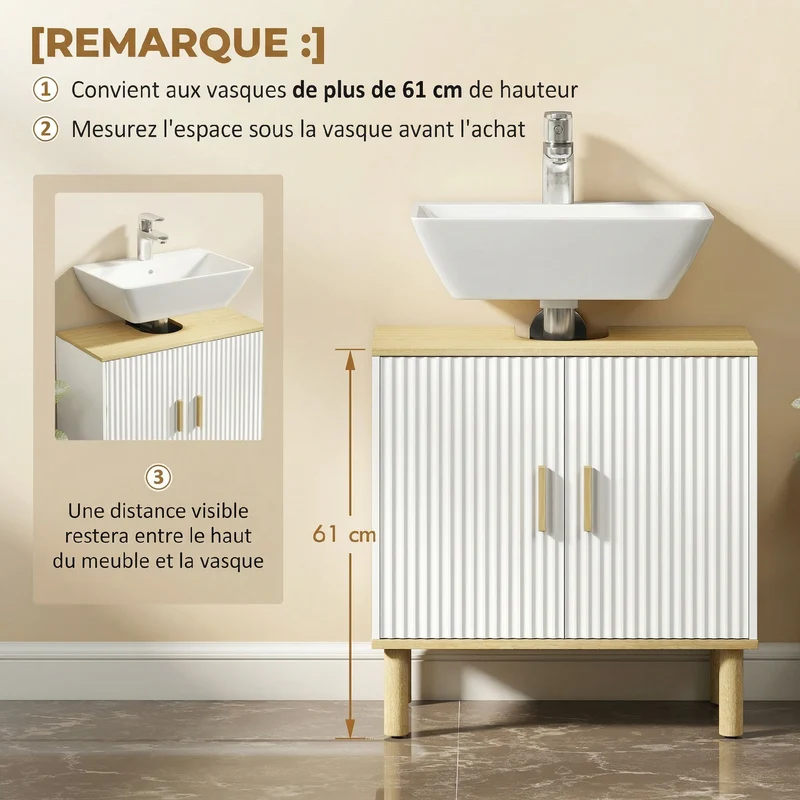 Meuble sous lavabo 60 x 30 x 61 cm étagère réglable rangement malin style moderne épuré en panneau de particules blanc 21_0002143