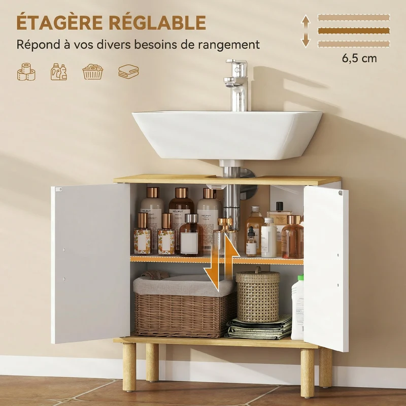 Meuble sous lavabo 60 x 30 x 61 cm étagère réglable rangement malin style moderne épuré en panneau de particules blanc 21_0002143