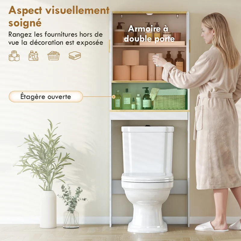 Meuble au-dessus des toilettes 64 x 20 x 170,5 cm étagères réglables sécurisé moderne en panneau de particules blanc 21_0002142