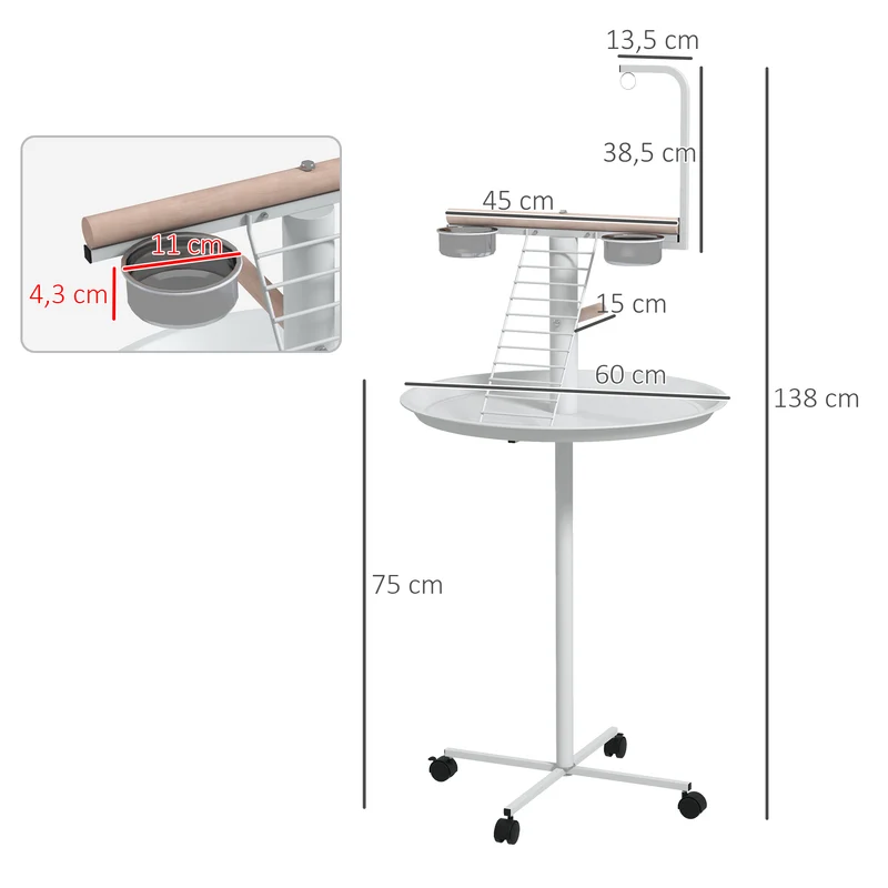 Mangeoire sur pied perchoir 2 bols pour jardin 60 x 138 cm grande capacité utile à roulettes scandinave en acier blanc 21_0007584