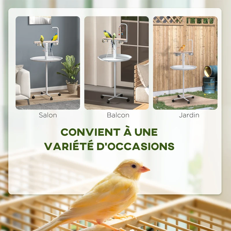 Mangeoire sur pied perchoir 2 bols pour jardin 60 x 138 cm grande capacité utile à roulettes scandinave en acier blanc 21_0007584