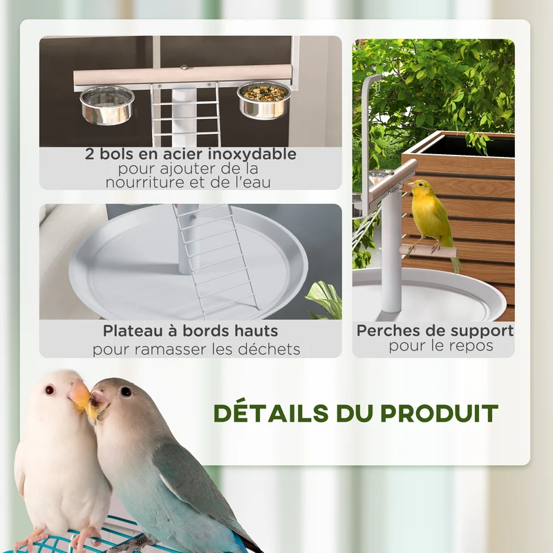Mangeoire sur pied perchoir 2 bols pour jardin 60 x 138 cm grande capacité utile à roulettes scandinave en acier blanc 21_0007584