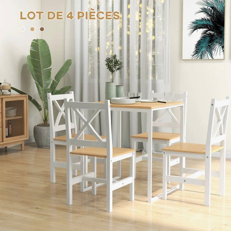 Lot de 4 chaises de salle à manger dossier croisé 41 x 46,5 x 86 cm assise confortable style campagne en bois blanc 21_0002366