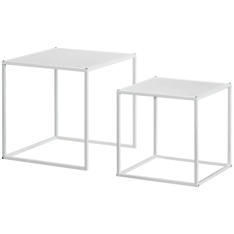 Lot de 2 tables gigognes salon 40 x 40 x 40 cm et 35 x 35 x 35 cm gain de place emboitables industriel en acier blanc 21_0003086