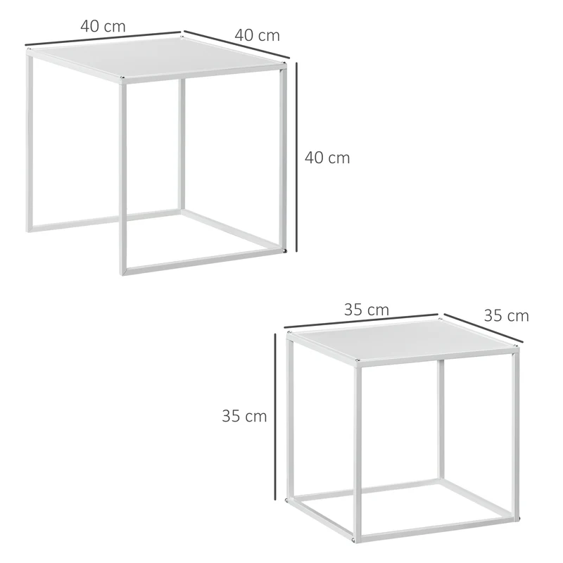 Lot de 2 tables gigognes salon 40 x 40 x 40 cm et 35 x 35 x 35 cm gain de place emboitables industriel en acier blanc 21_0003086