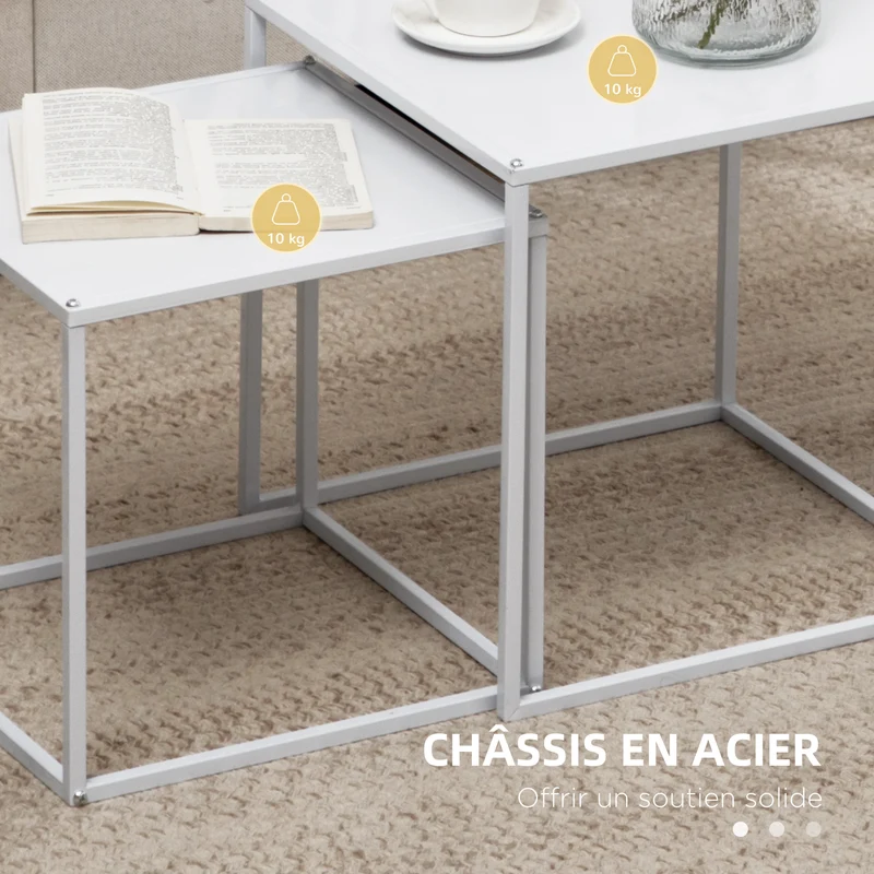 Lot de 2 tables gigognes salon 40 x 40 x 40 cm et 35 x 35 x 35 cm gain de place emboitables industriel en acier blanc 21_0003086