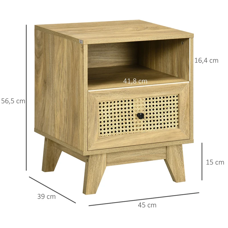 Lot de 2 tables de chevet 45 x 39 x 56.5 cm rangement tiroir et niche gain de place vintage scandinave en MDF naturel 21_0001680